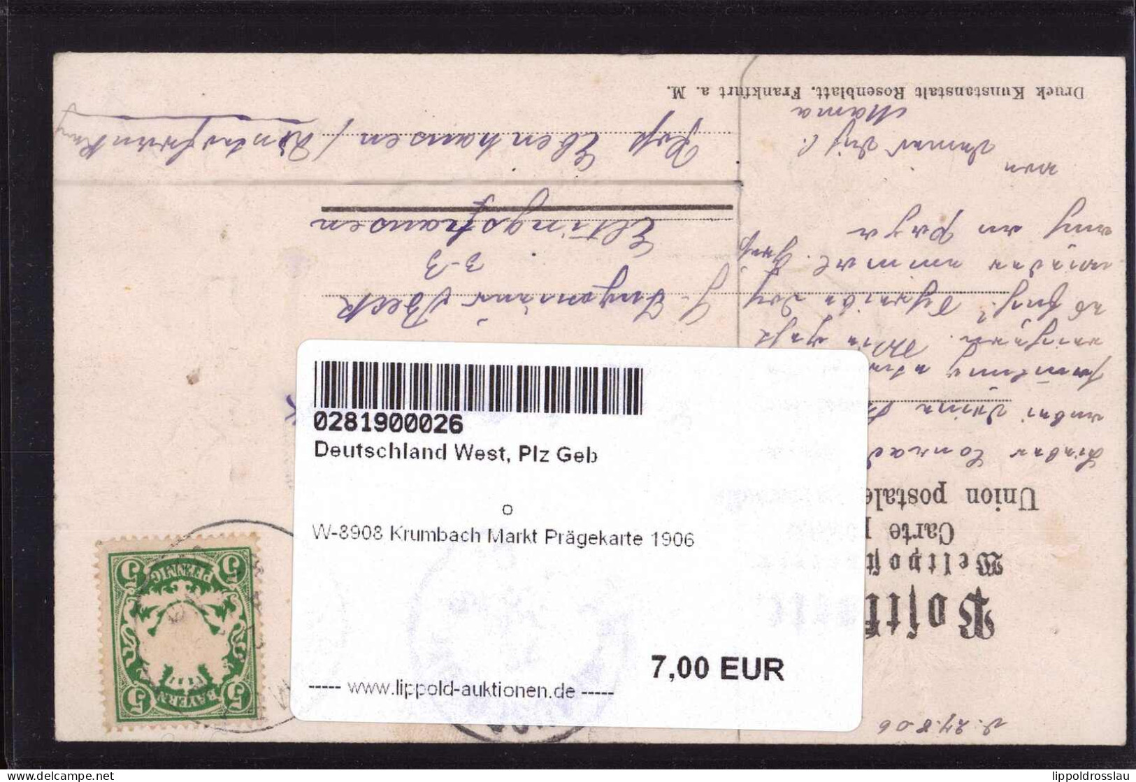 Gest. W-8908 Krumbach Markt Prägekarte 1906 - Augsburg