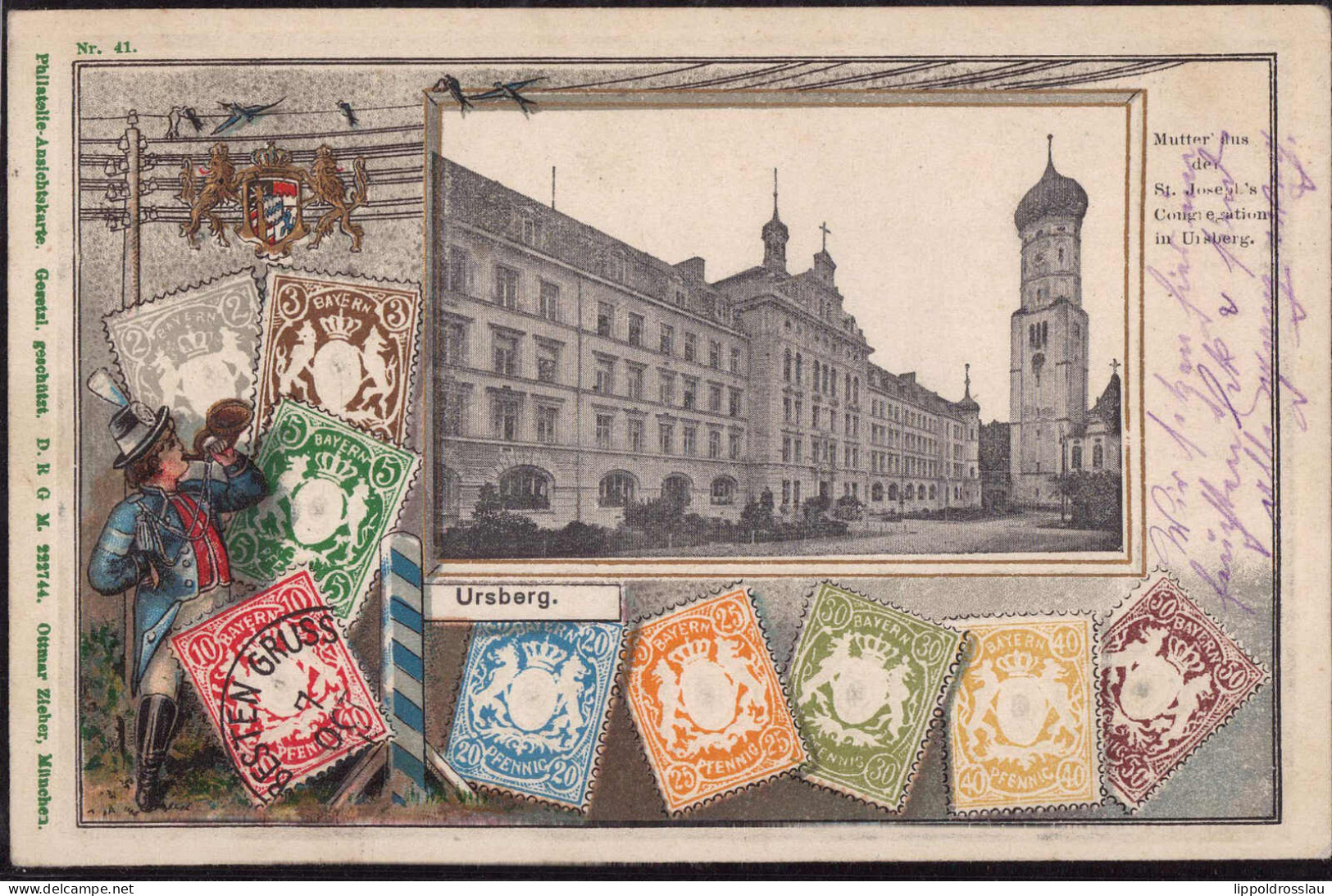 Gest. W-8909 Ursberg Teil Des Ortes Briefmarken-Prägekarte 1908 - Augsburg