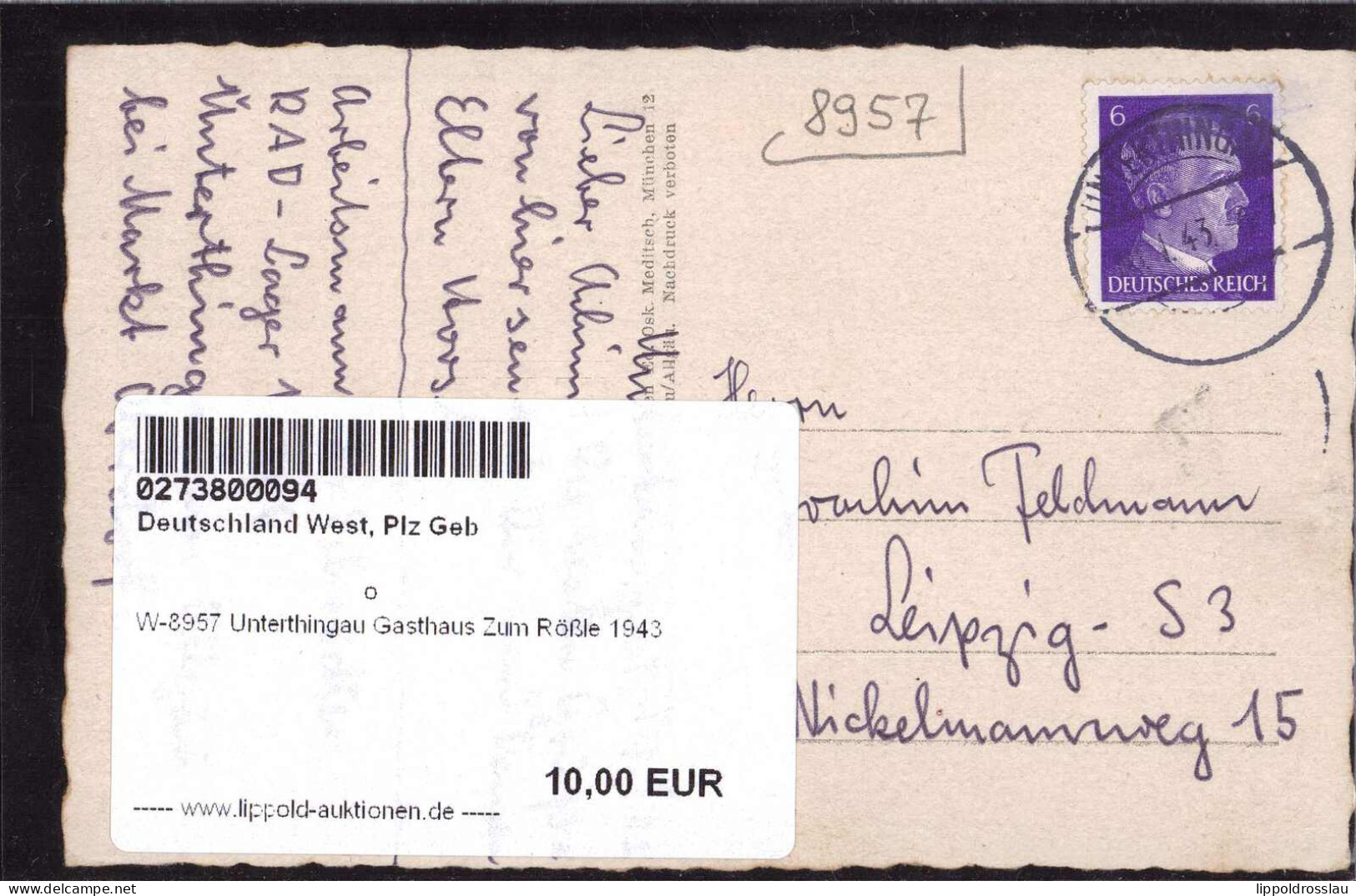 Gest. W-8957 Unterthingau Gasthaus Zum Rößle 1943 - Kaufbeuren