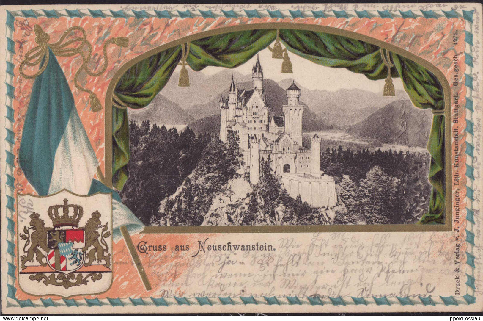 Gest. W-8970 Neuschwanstein Schloß Wappen-Prägekarte 1913 - Immenstadt