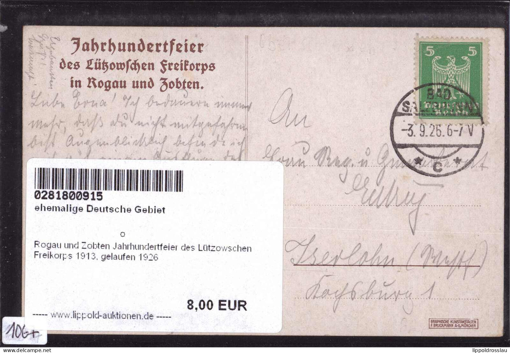 Gest. Rogau Und Zobten Jahrhundertfeier Des Lützowschen Freikorps 1913, Gelaufen 1926 - Schlesien