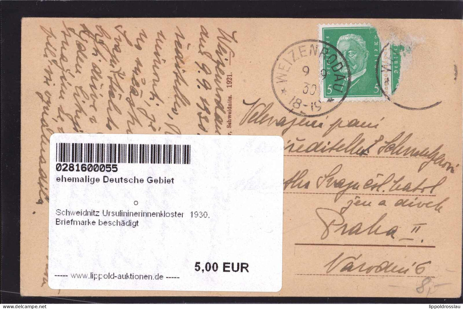 Gest. Schweidnitz Ursulininerinnenkloster 1930, Briefmarke Beschädigt - Schlesien