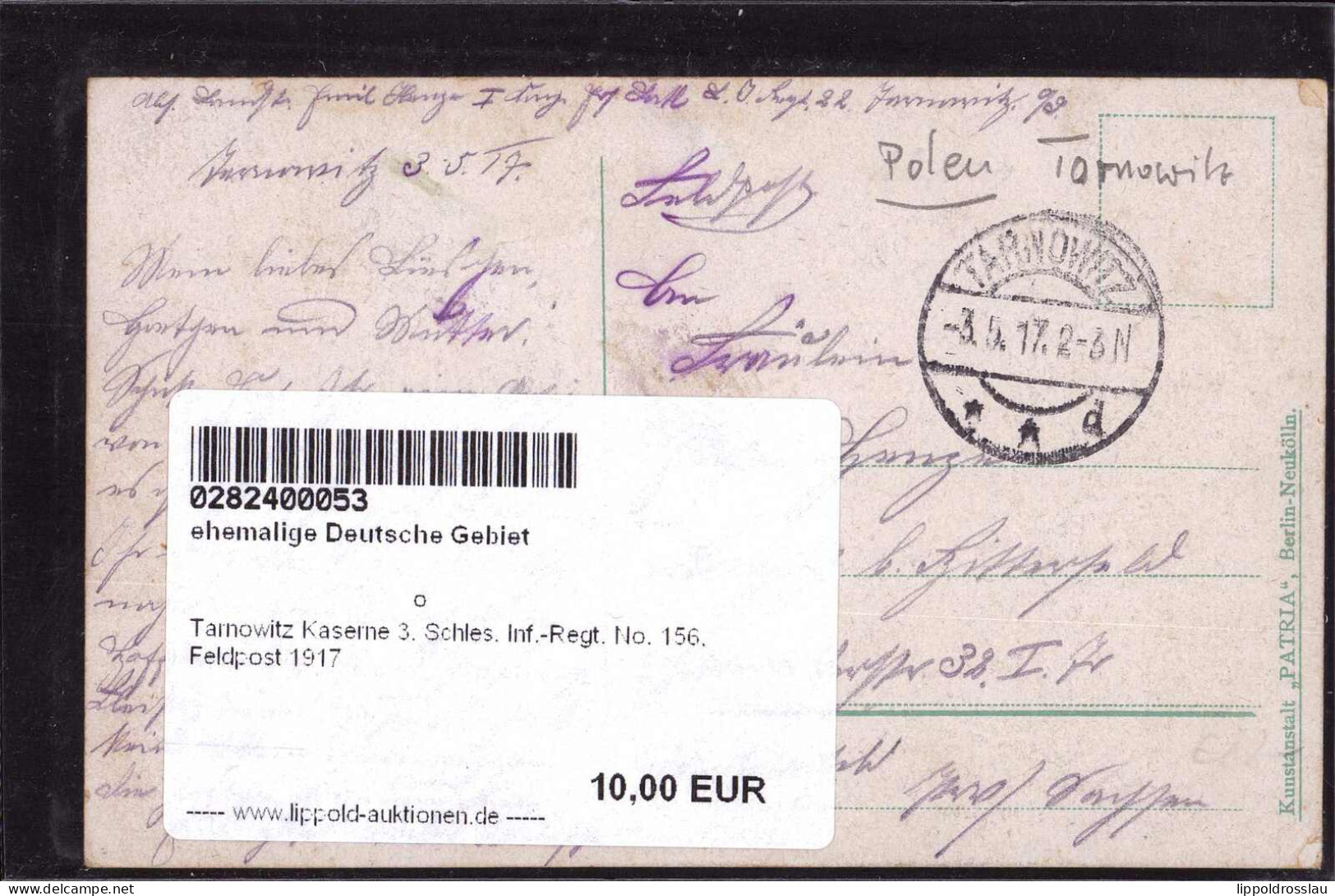 Gest. Tarnowitz Kaserne 3. Schles. Inf.-Regt. No. 156, Feldpost 1917 - Schlesien