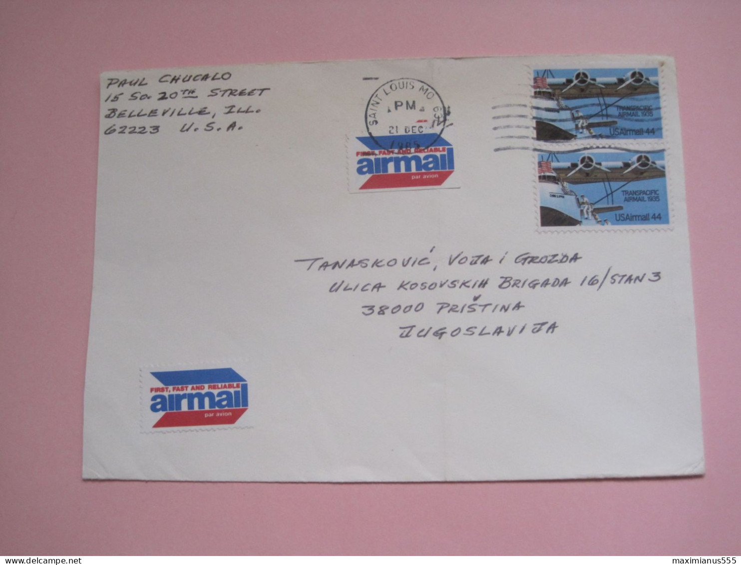 USA Letter 1985 To Yugoslavia - Usados