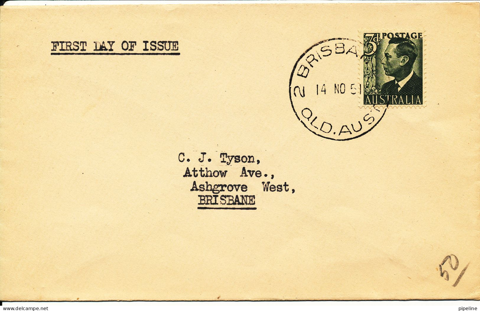 Australia FDC 14-11-1951 George VI 3d Sent To Brisbane - Sobre Primer Día (FDC)