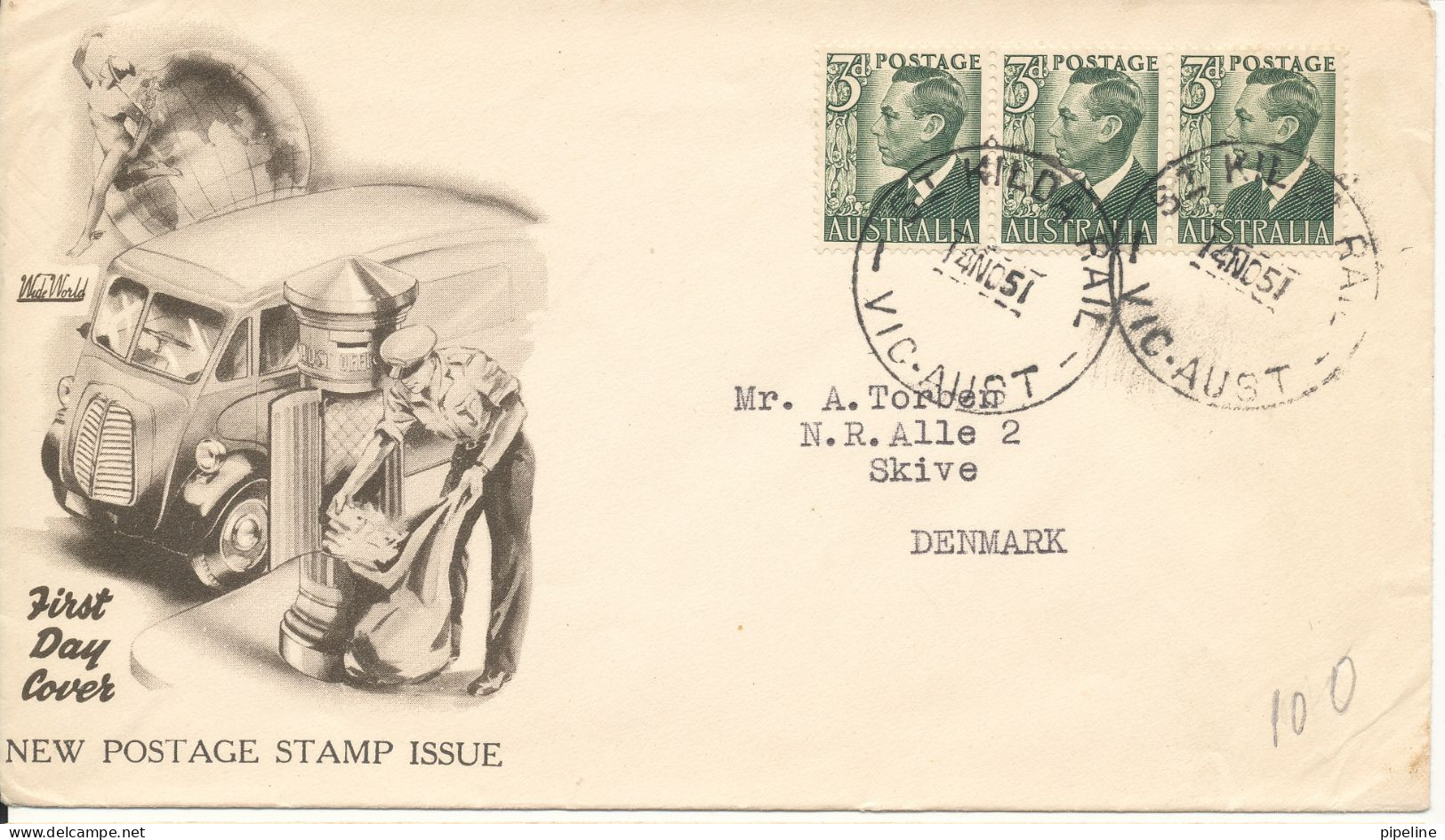 Australia FDC 14-11-1951 George VI 3d In A Strip Of 3 With Cachet Sent To Denmark - FDC