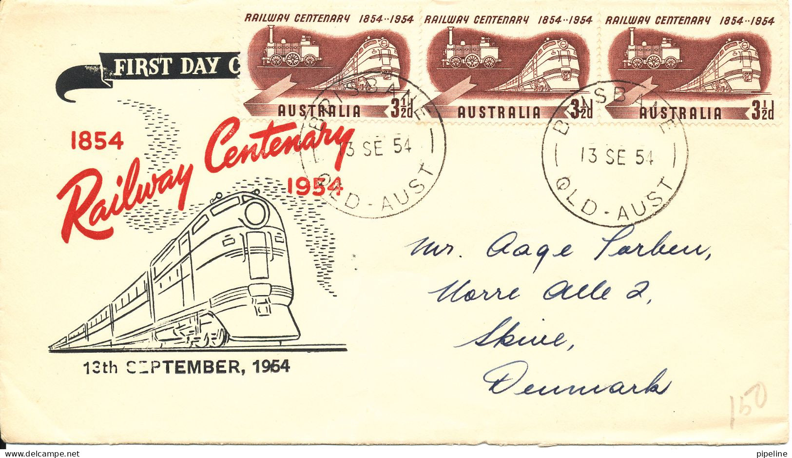 Australia FDC 13-9-1954 Railway Centenary In A Strip Of 3 With Cachet Sent To Denmark - Sobre Primer Día (FDC)