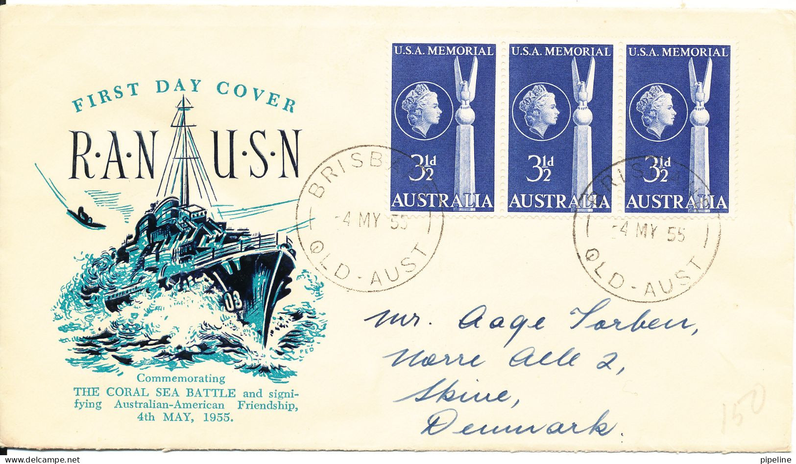 Australia FDC 4-5-1955 Australian & American Friendship In A Strip Of 3 With Cachet Sent To Denmark - Sobre Primer Día (FDC)