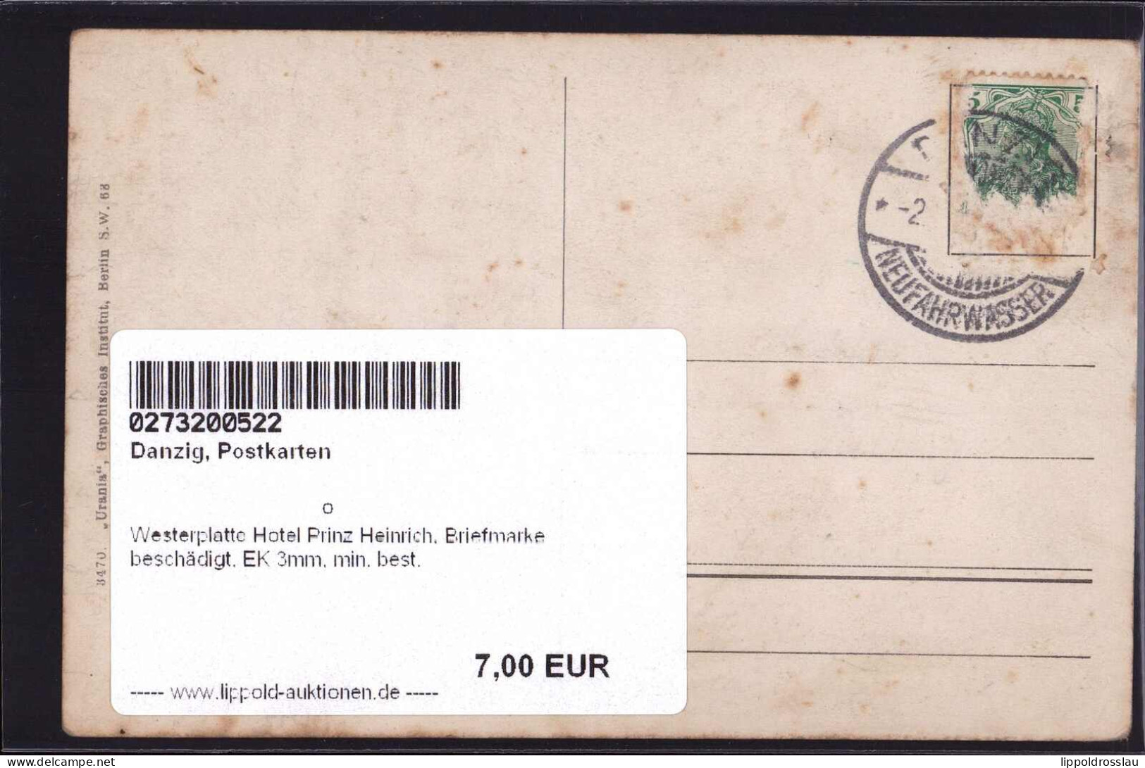 Gest. Westerplatte Hotel Prinz Heinrich, Briefmarke Beschädigt, EK 3mm, Min. Best. - Danzig