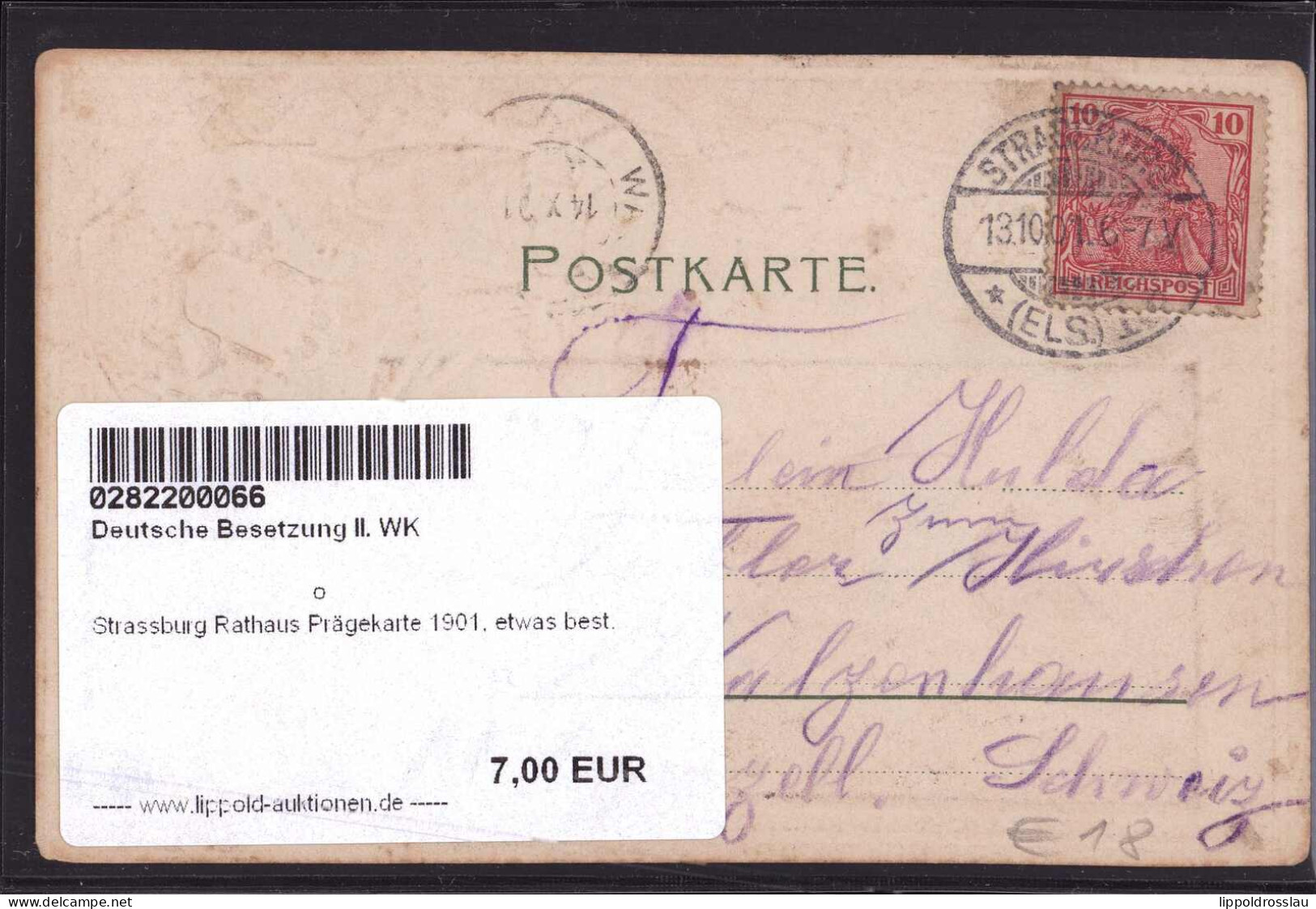Gest. Strassburg Rathaus Prägekarte 1901, Etwas Best. - Elsass