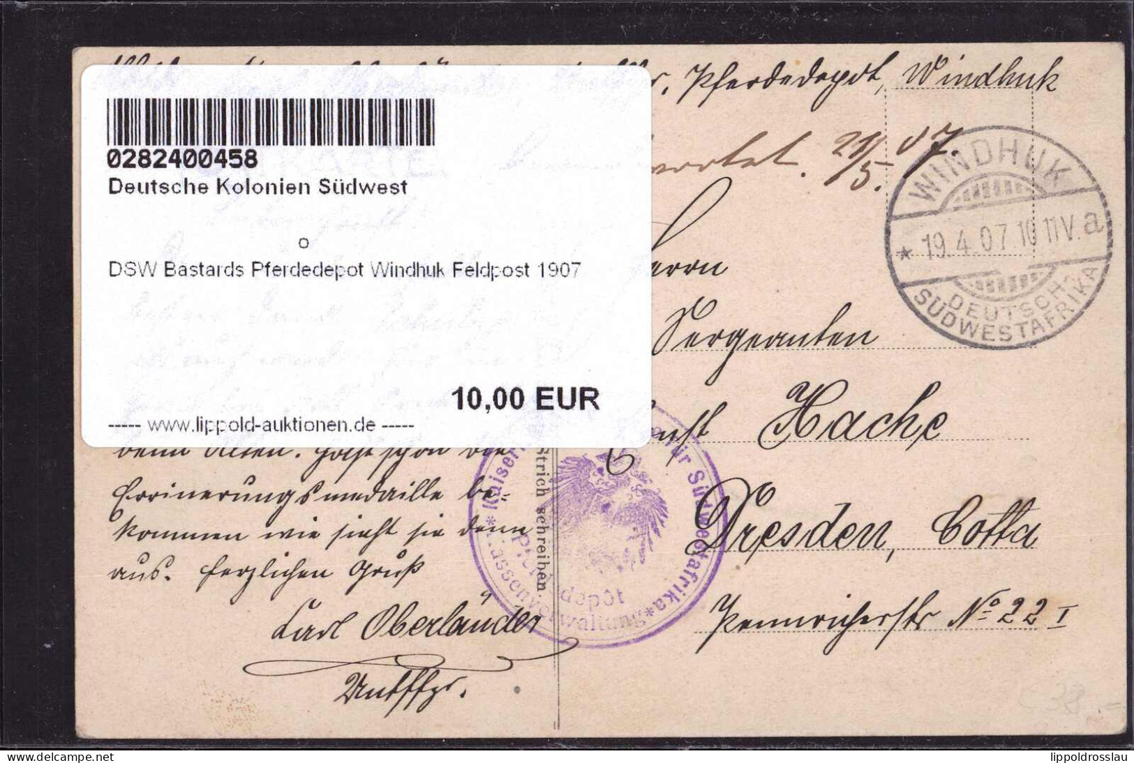 Gest. DSW Bastards Pferdedepot Windhuk Feldpost 1907 - Non Classés