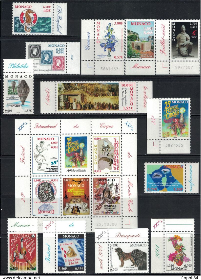 MONACO - ENSEMBLE DE TIMBRES ET BLOCS DE L'ANNEE 1999 A 2001 - NEUF - FACIALE 79€ - Unused Stamps
