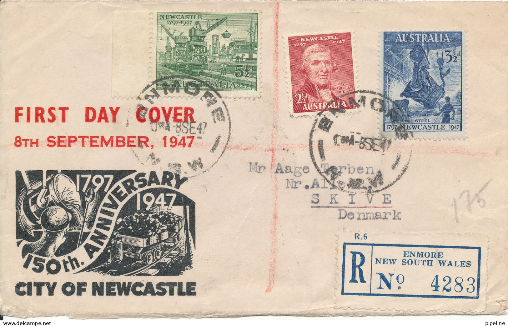 Australia Registered FDC 8-9-1947 City Of Newcastle 150th. Anniversary Set Of 3 Sent To Denmark Hinged Marks On The Back - FDC