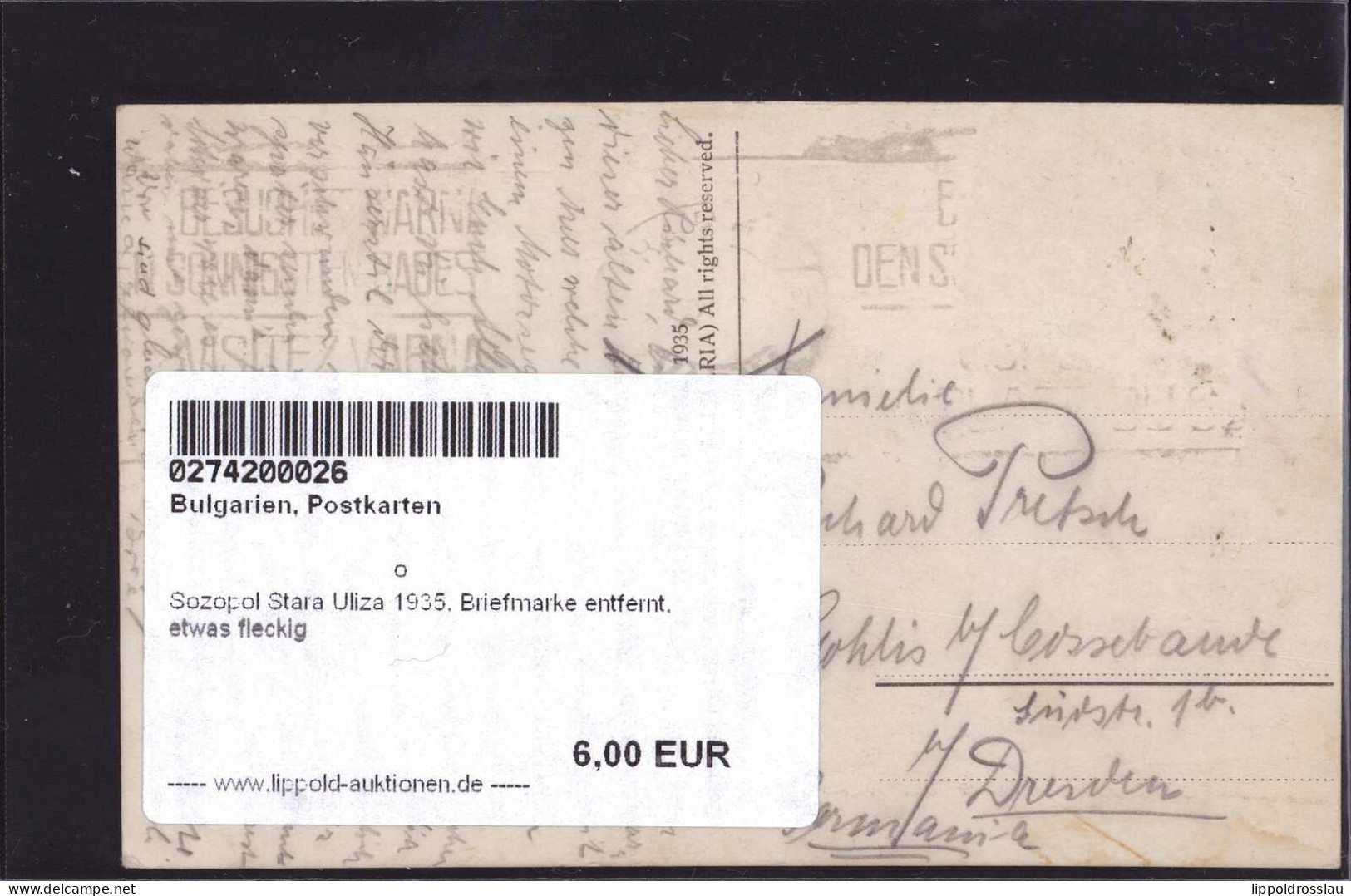 Gest. Sozopol Stara Uliza 1935, Briefmarke Entfernt, Etwas Fleckig - Bulgarien