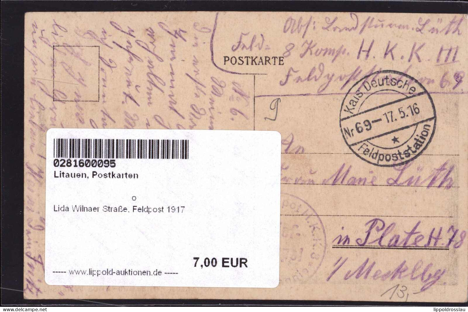 Gest. Lida Wilnaer Straße, Feldpost 1917 - Lithuania