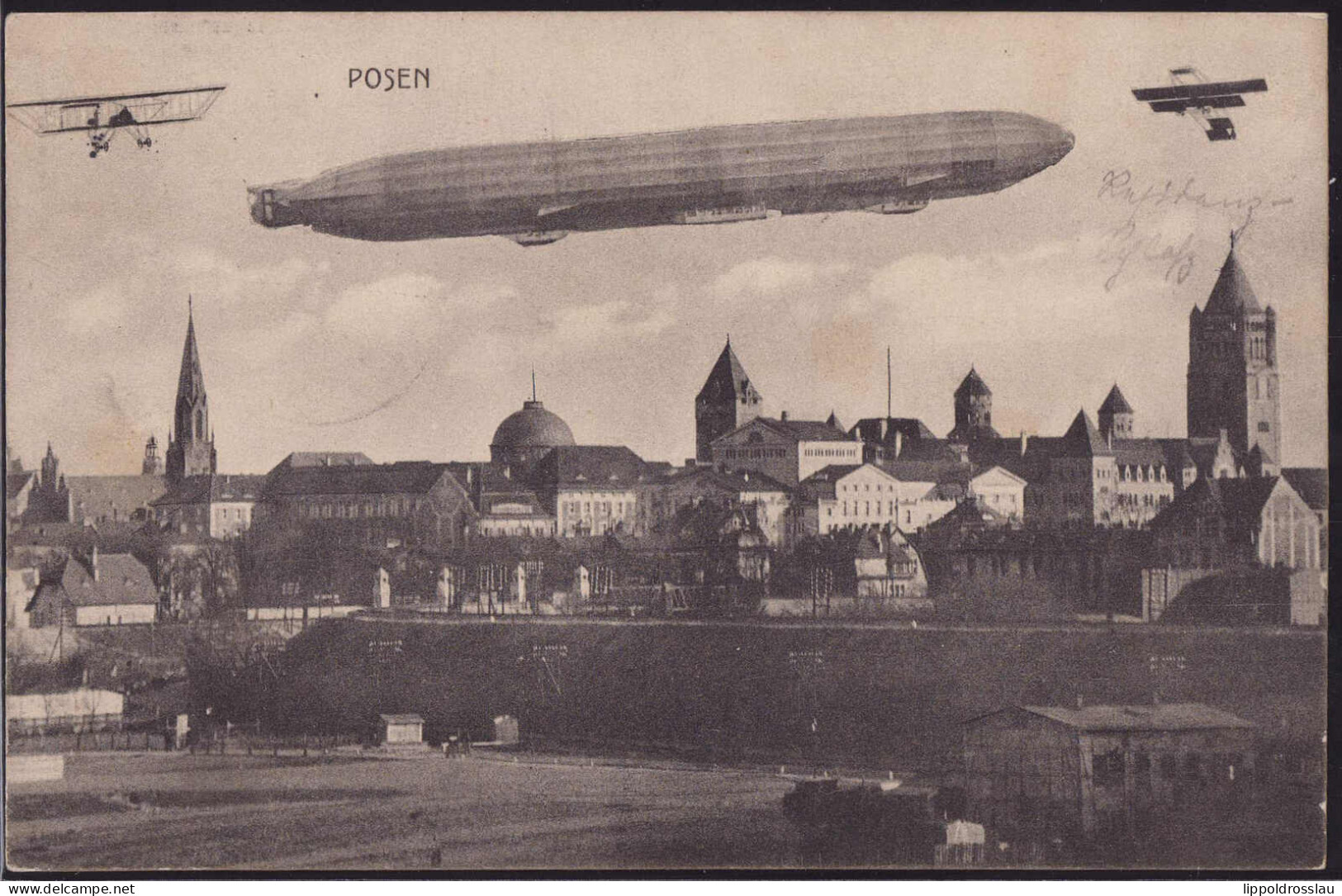 Gest. Posen Zeppelin über Der Stadt, Feldpost 1914 - Polen