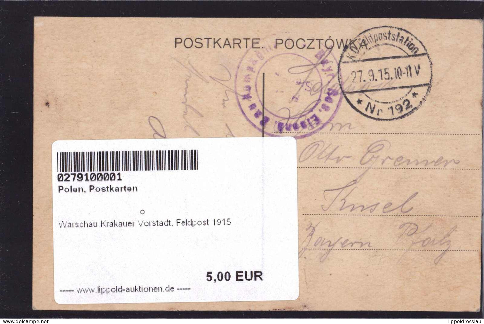 Gest. Warschau Krakauer Vorstadt, Feldpost 1915 - Polen