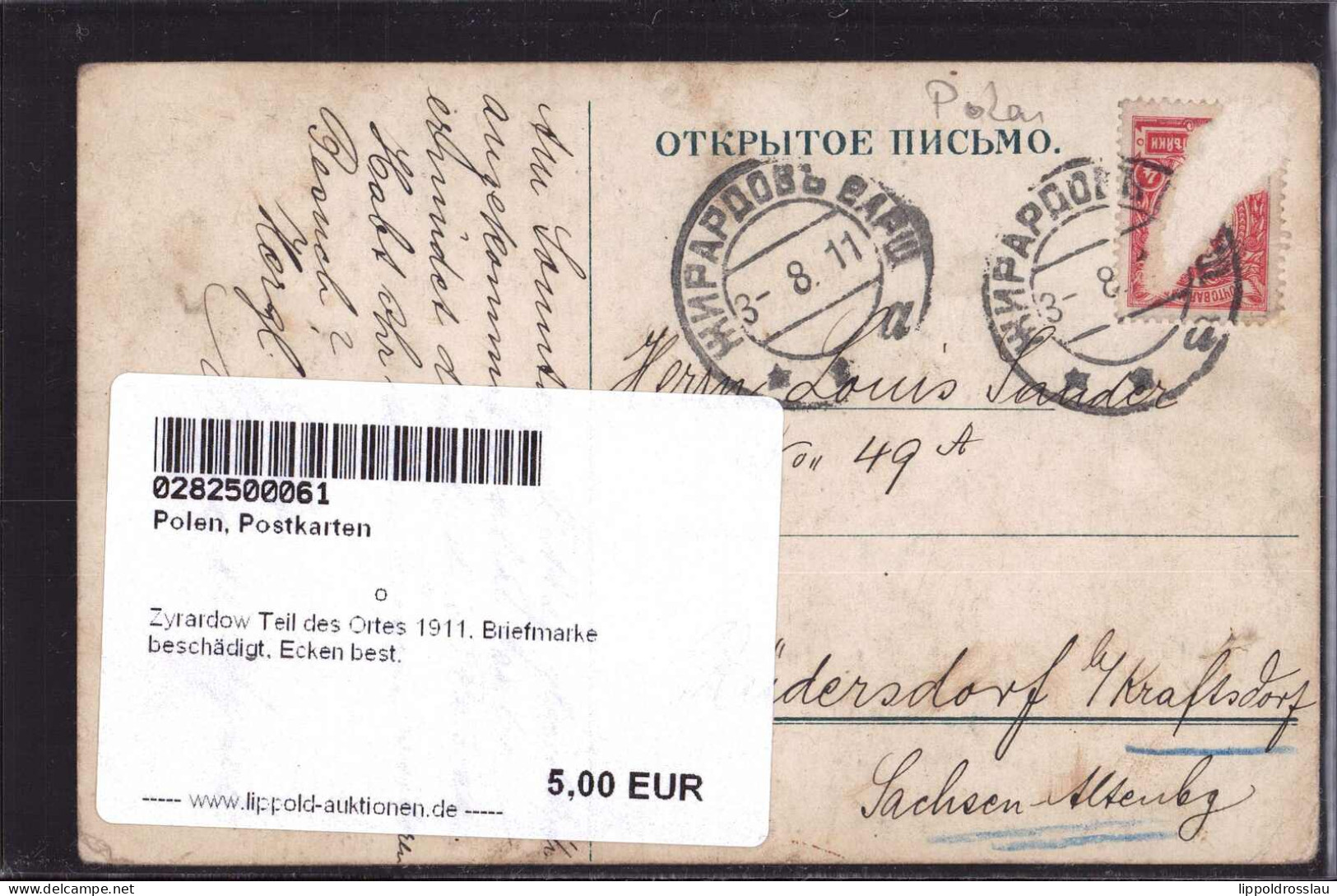 Gest. Zyrardow Teil Des Ortes 1911, Briefmarke Beschädigt, Ecken Best. - Polen