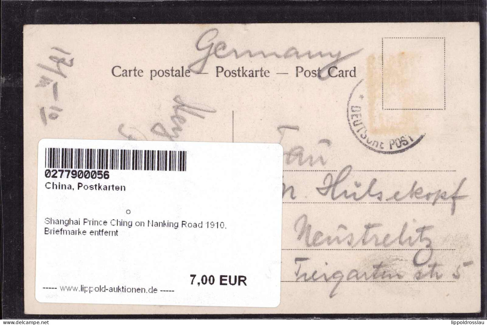 Gest. Shanghai Prince Ching On Nanking Road 1910, Briefmarke Entfernt - China