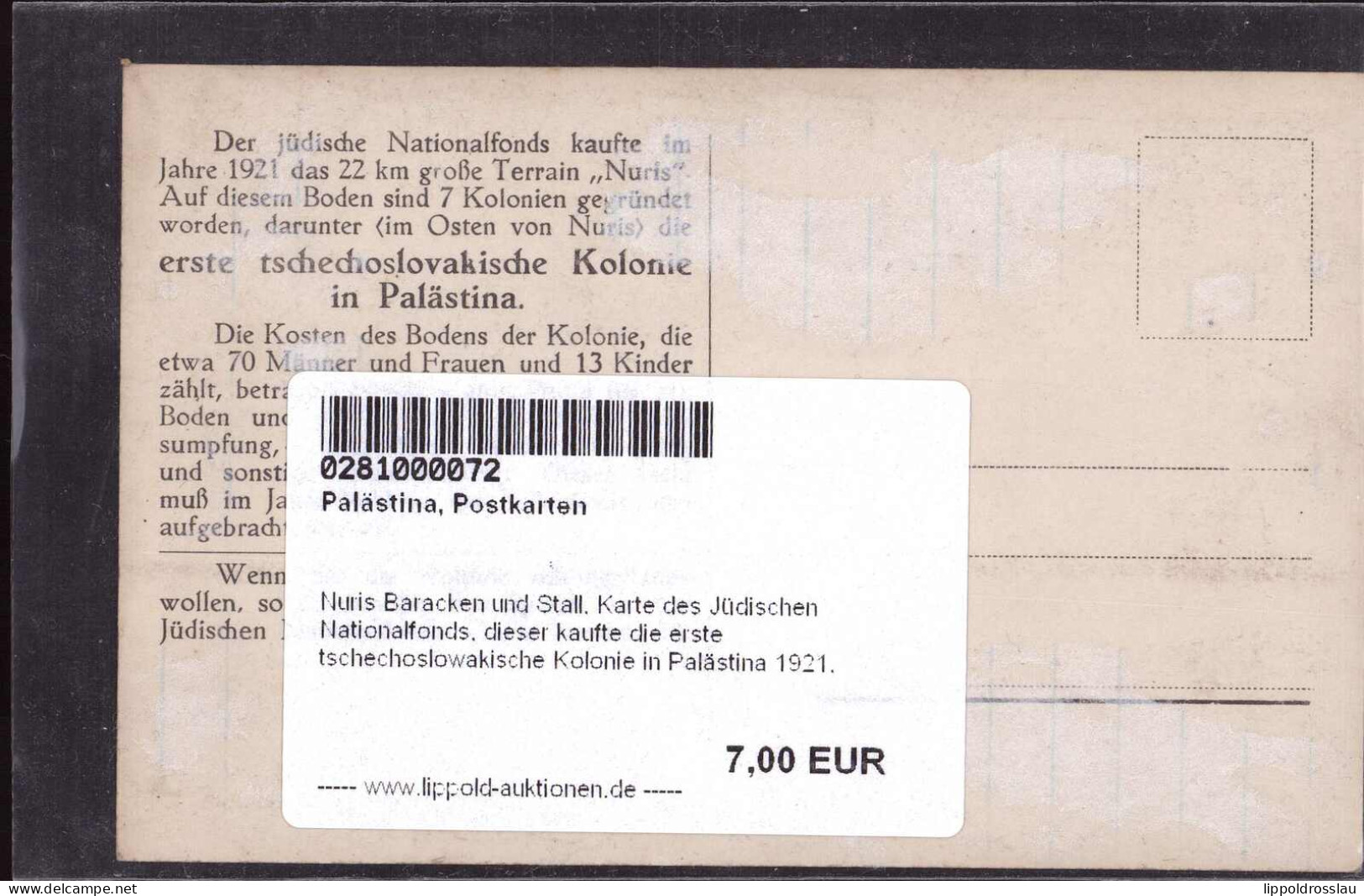 * Nuris Baracken Und Stall, Karte Des Jüdischen Nationalfonds, Dieser Kaufte Die Erste Tschechoslowakische Kolonie In Pa - Palestina