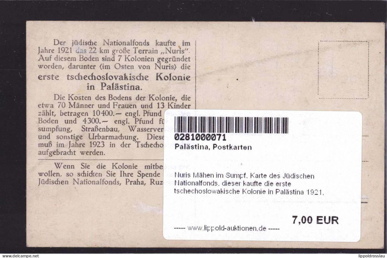 * Nuris Mähen Im Sumpf, Karte Des Jüdischen Nationalfonds, Dieser Kaufte Die Erste Tschechoslowakische Kolonie In Paläst - Palestine