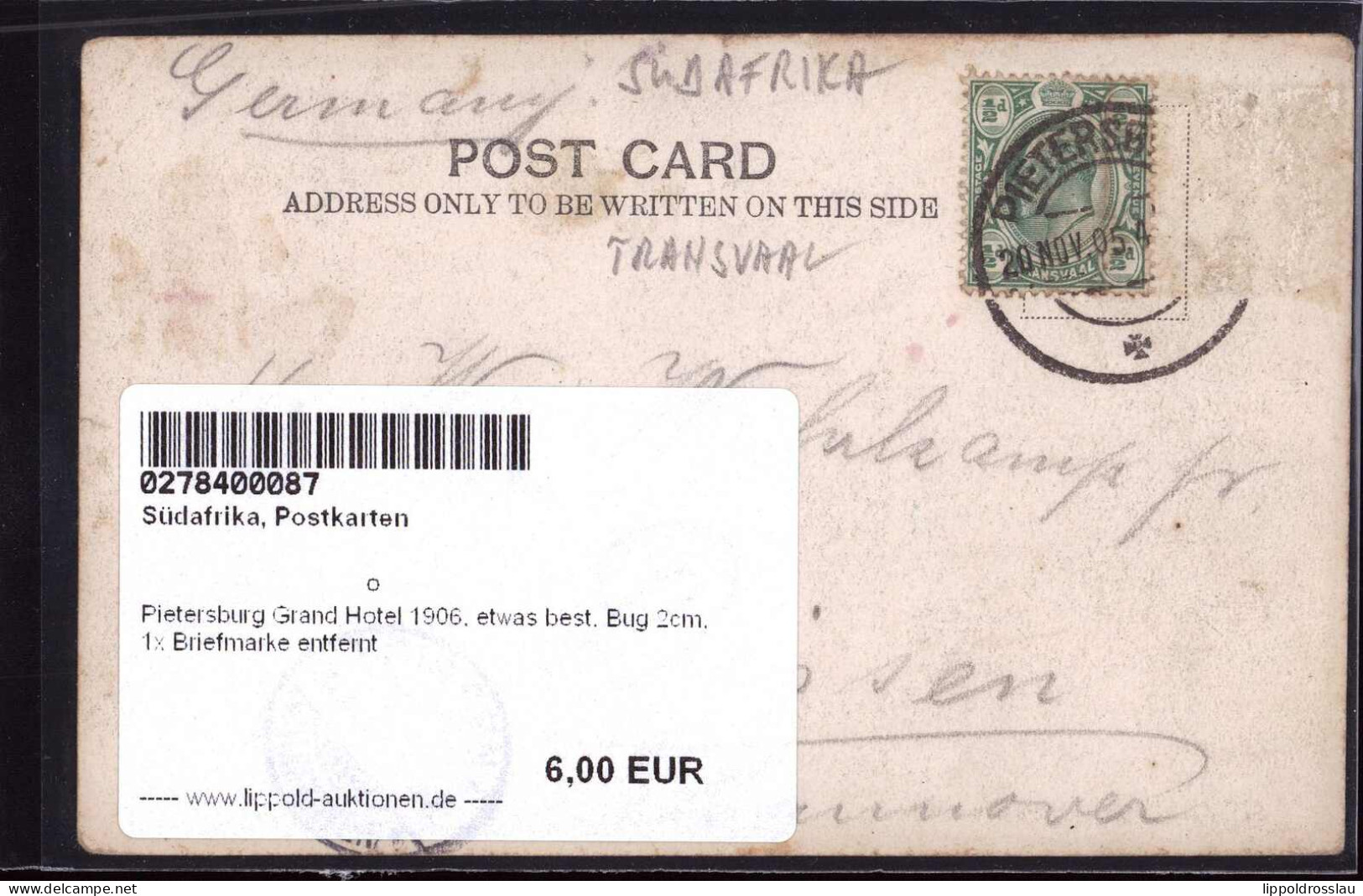 Gest. Pietersburg Grand Hotel 1906, Etwas Best. Bug 2cm, 1x Briefmarke Entfernt - South Africa