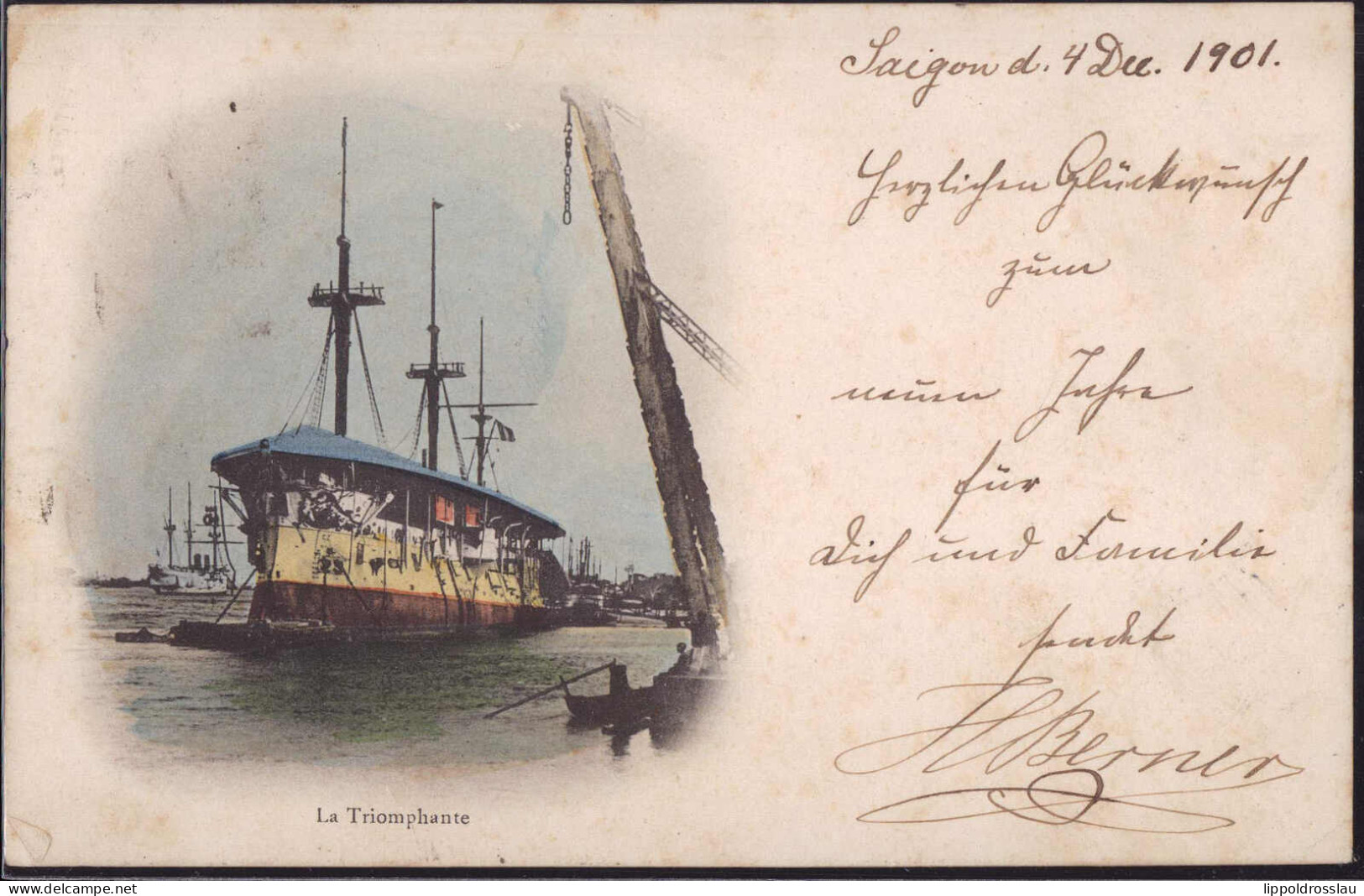 Gest. Saigon Dampfer La Triomphante 1901, Briefmarke Entfernt - Vietnam