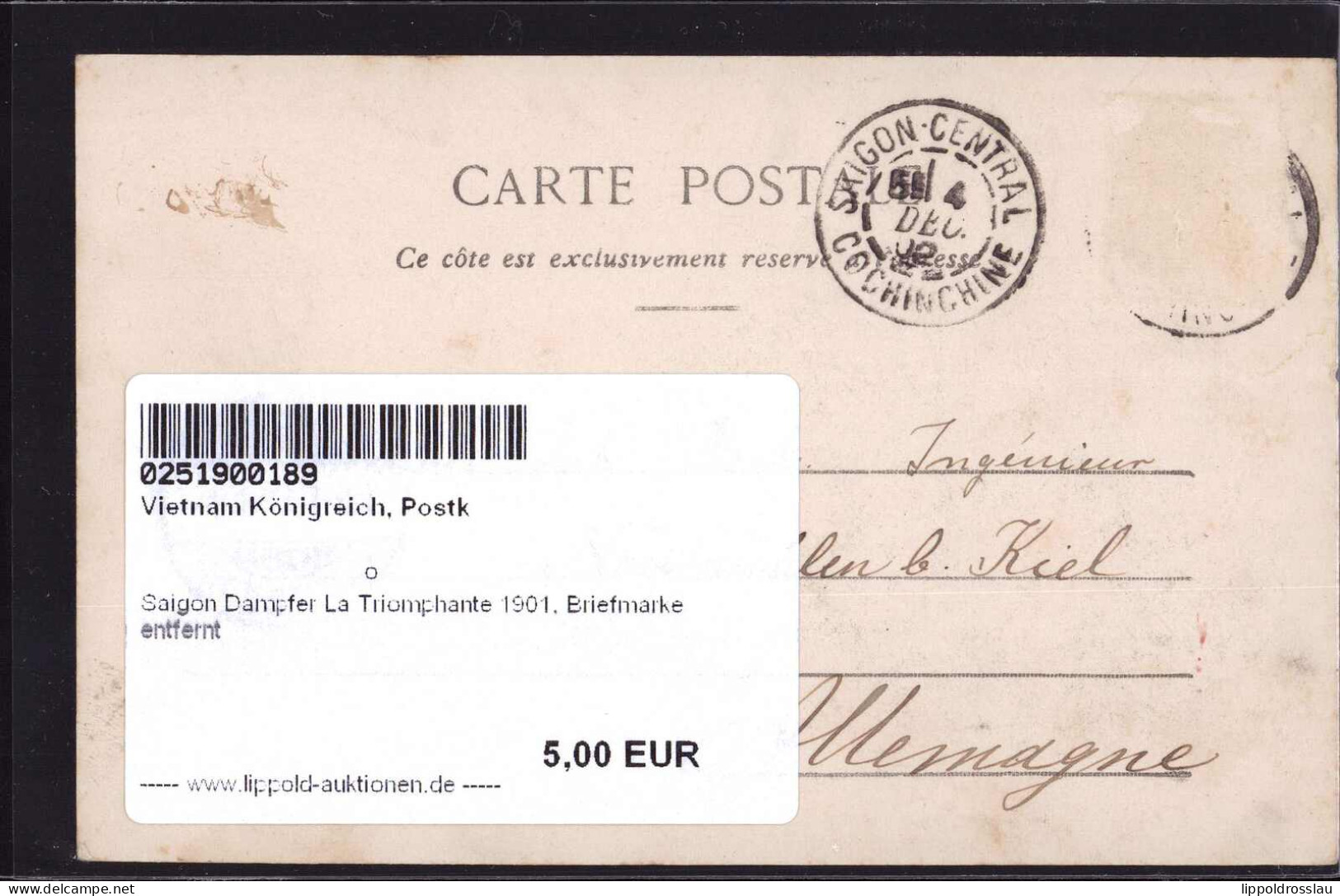 Gest. Saigon Dampfer La Triomphante 1901, Briefmarke Entfernt - Vietnam