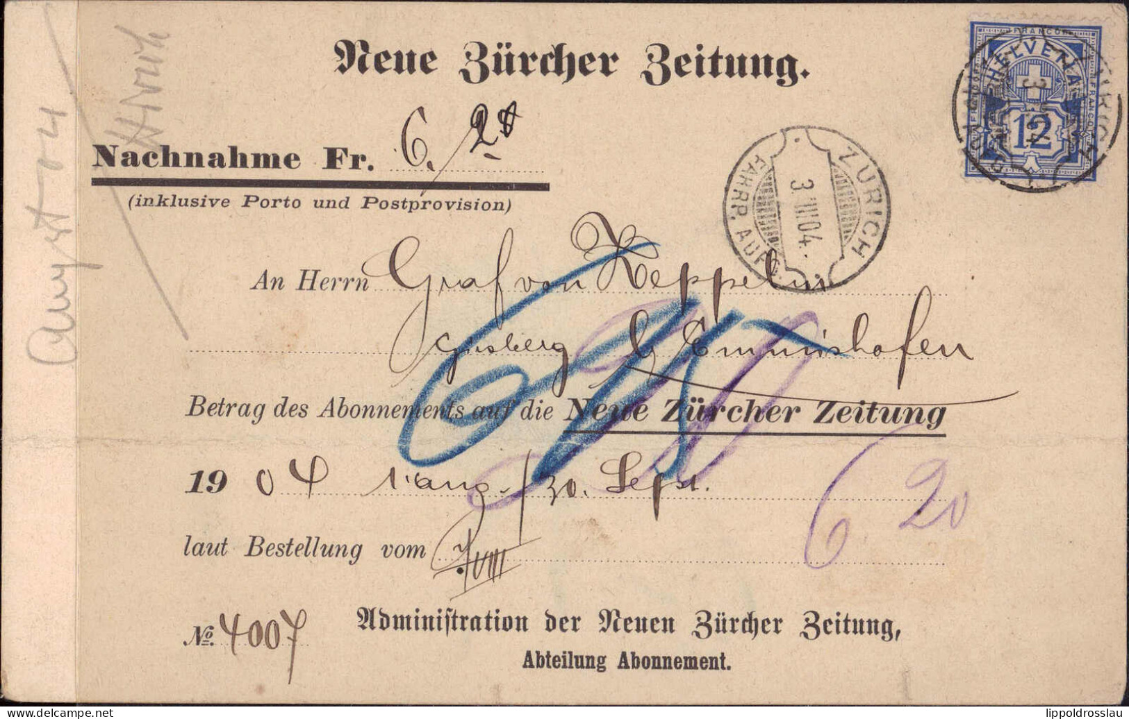 Postkarte Der Zürcher Zeitung 1904 Adressiert An Graf Ferdinand Zeppelin In Schloß Giersberg Thurgau, Querbug - Sonstige & Ohne Zuordnung