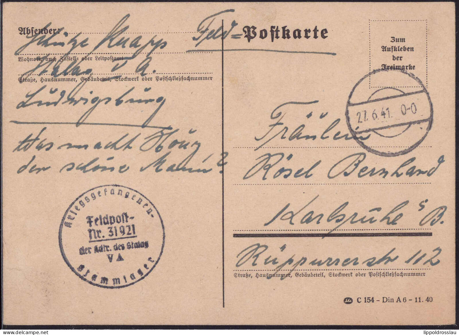 Gest. Kriegsgefangenen-Feldpost Nr. 31921 Der Kdlr. Des Stalag VA Stammlager1941 - Other & Unclassified