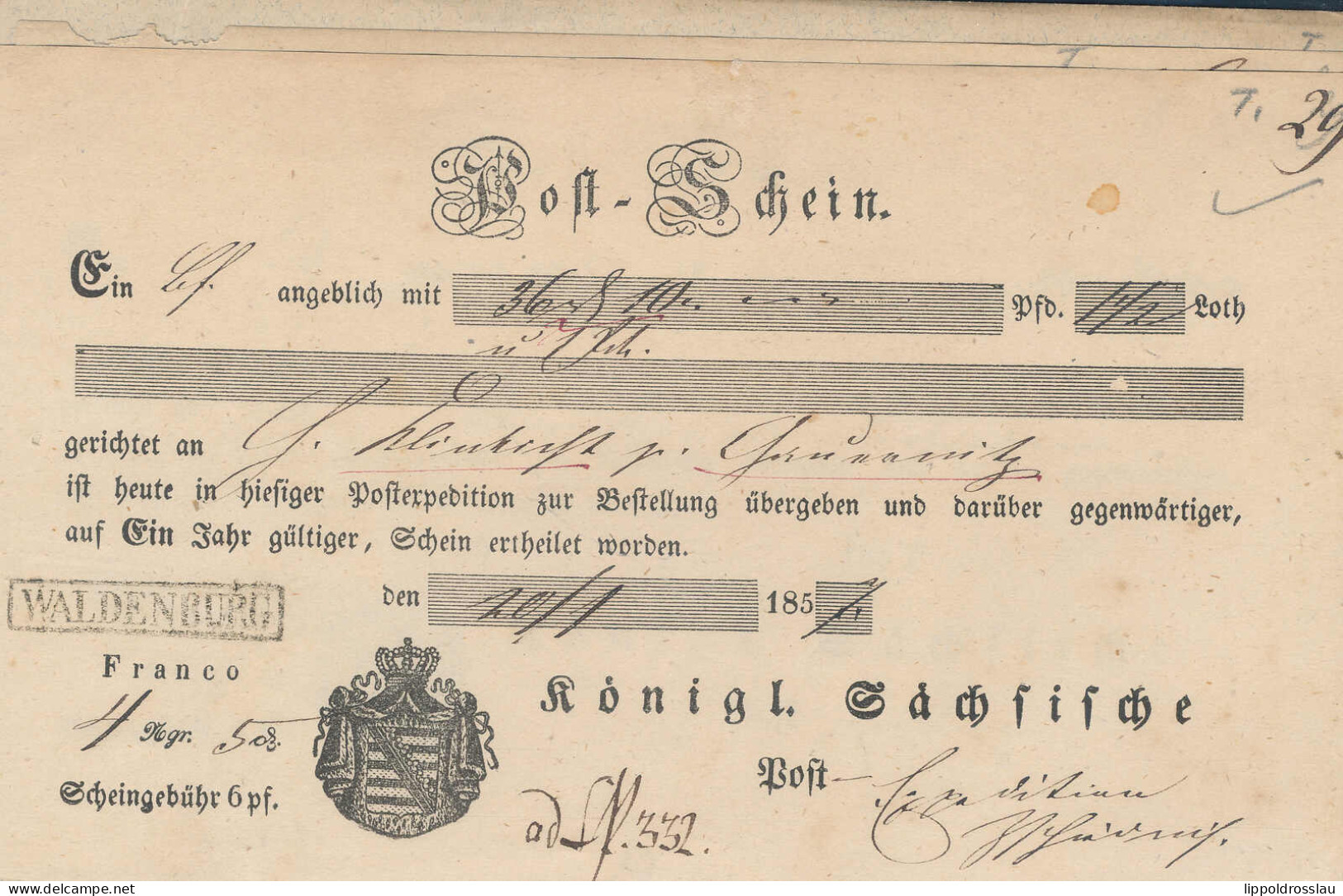 Gest. Postschein 6 Stck. Waldenburg 1852-1857 - Sonstige & Ohne Zuordnung