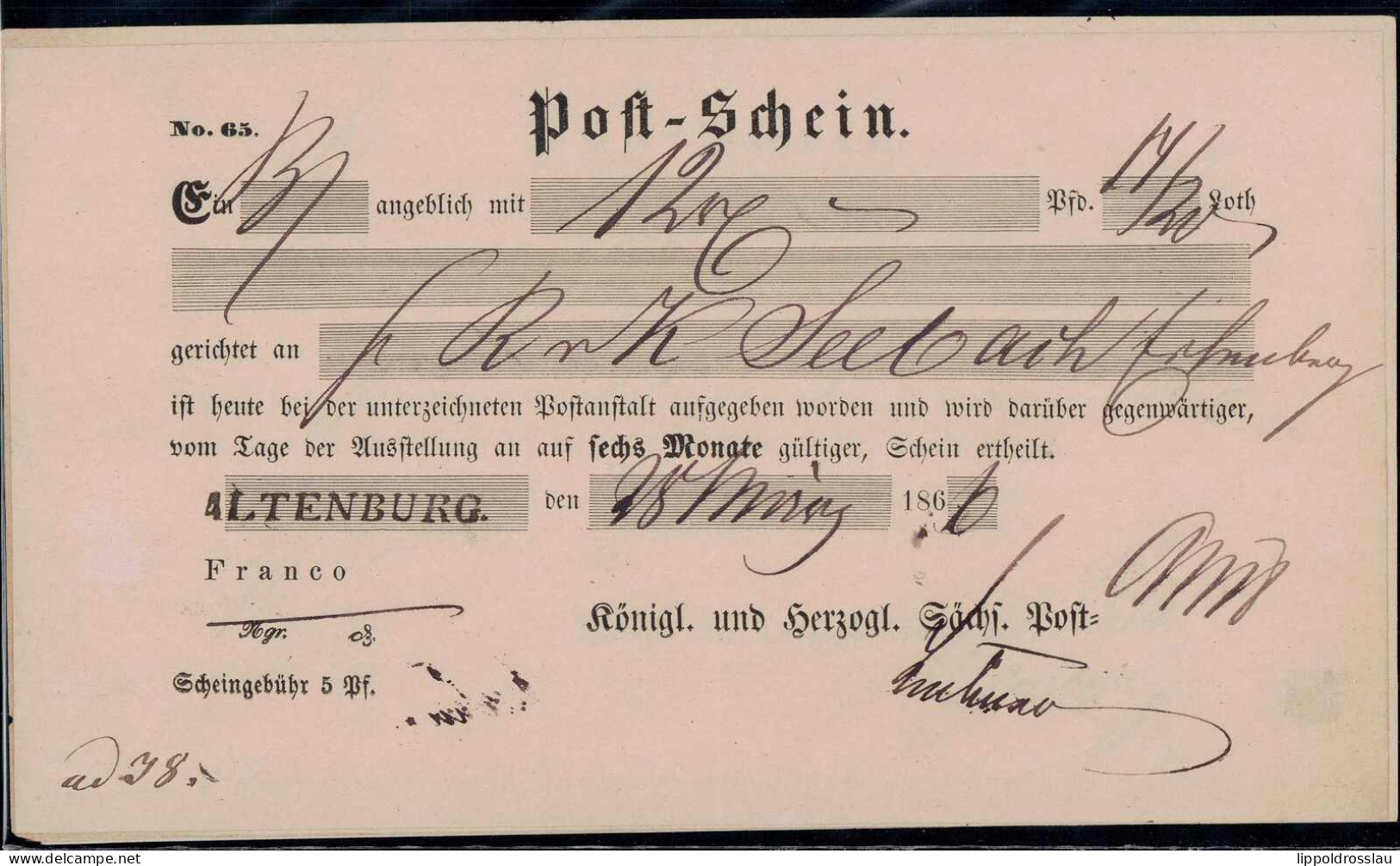 Gest. Postschein 5 Stck. Altenburg 1862-1866 - Andere & Zonder Classificatie