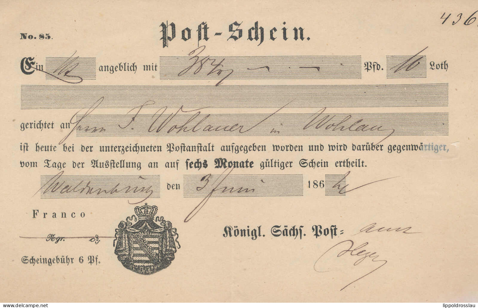 Gest. Postschein 2 Stck. Waldenburg 1862 - Autres & Non Classés