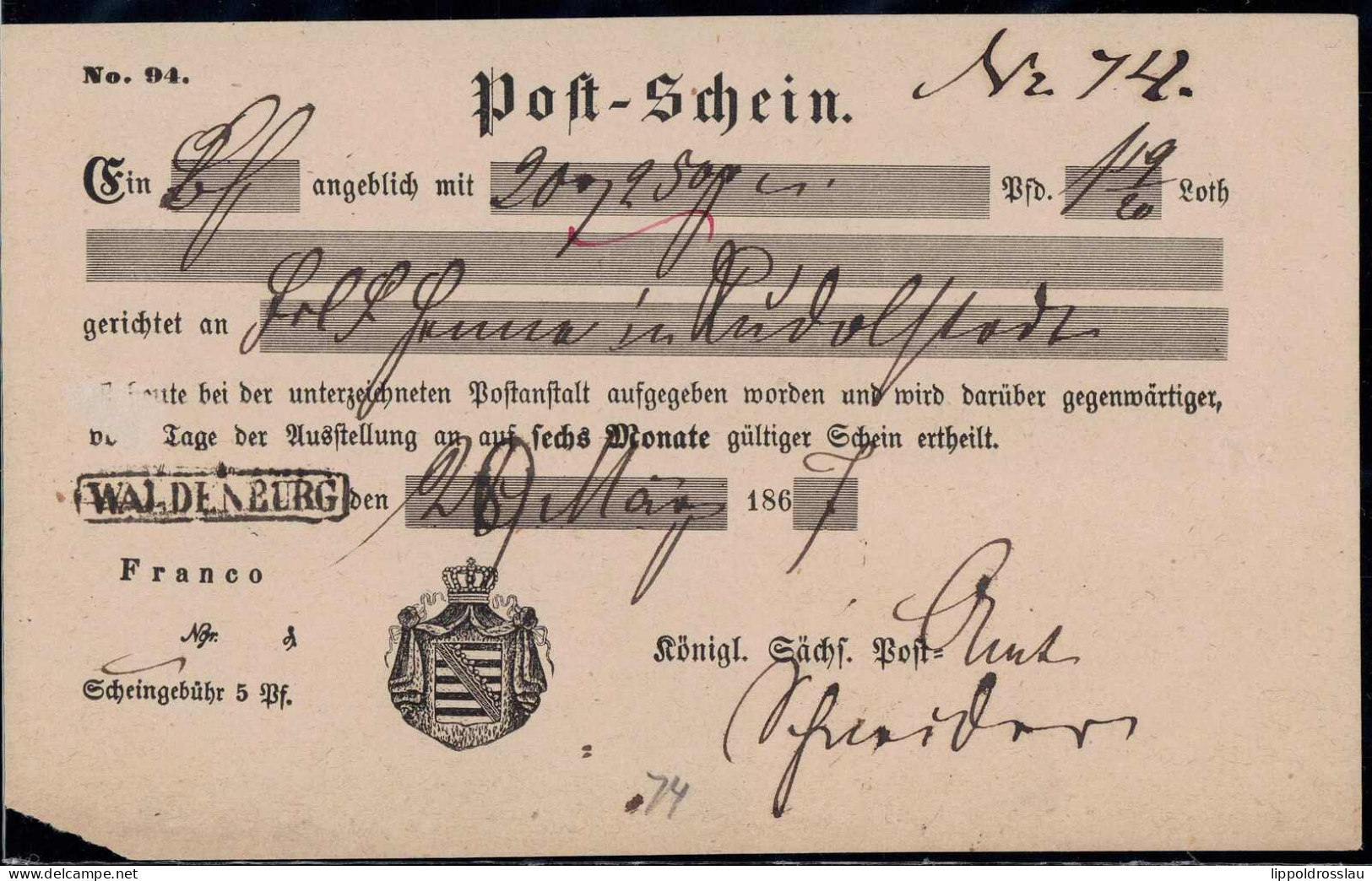 Gest. Postschein Waldenburg 1867 - Autres & Non Classés