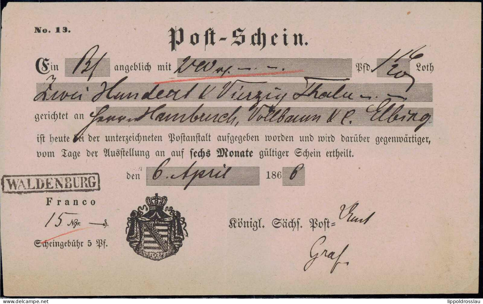 Gest. Postschein Waldenburg 1866 - Autres & Non Classés