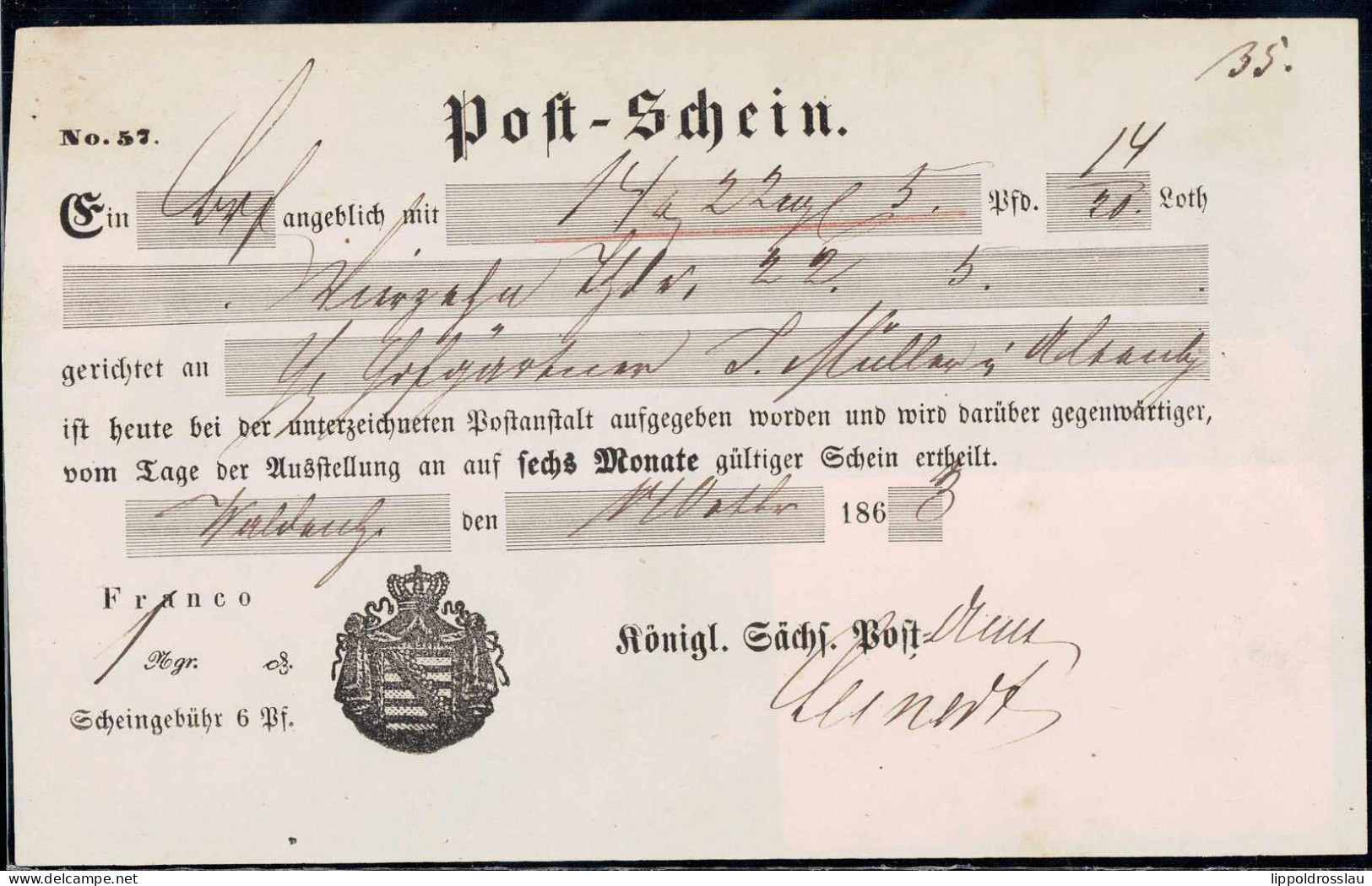 Gest. Postschein Waldenburg 1863 - Sonstige & Ohne Zuordnung