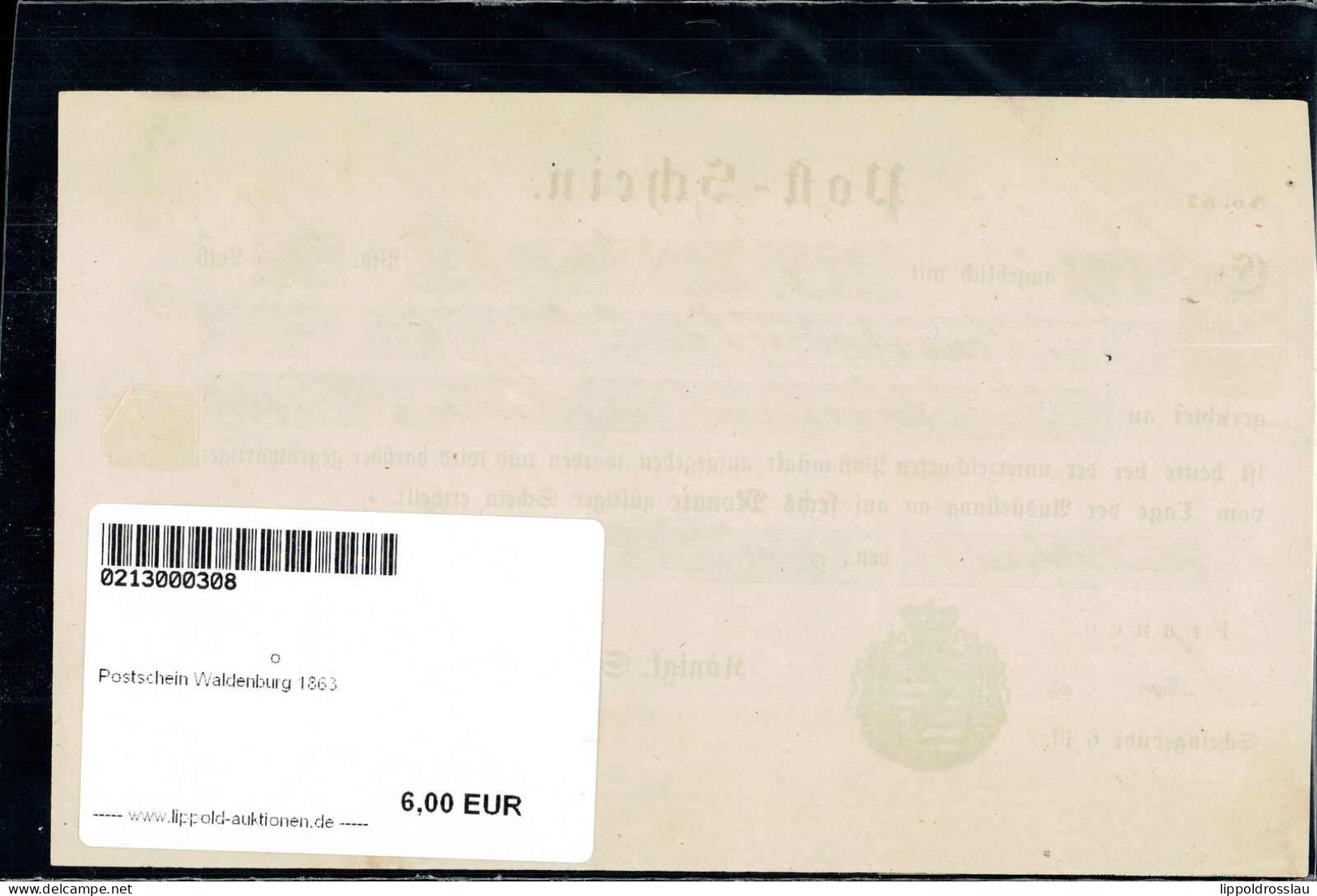 Gest. Postschein Waldenburg 1863 - Sonstige & Ohne Zuordnung