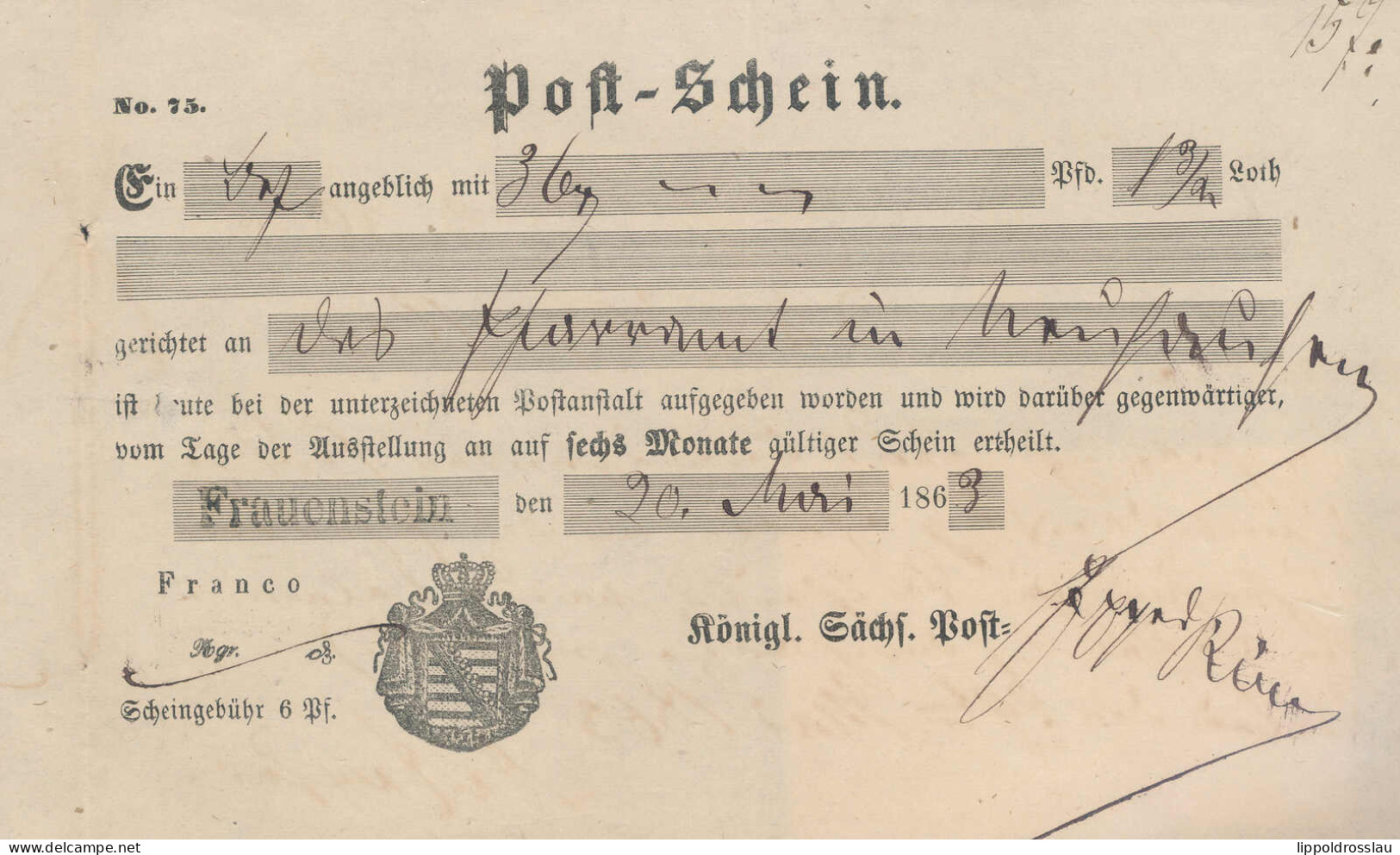 Gest. Postschein Frauenstein 1863 - Other & Unclassified