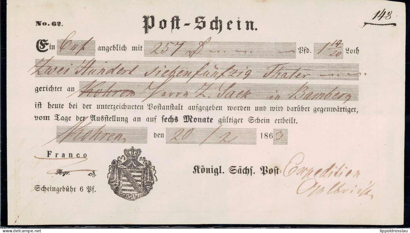 Gest. Postschein Kohren 1863 - Andere & Zonder Classificatie