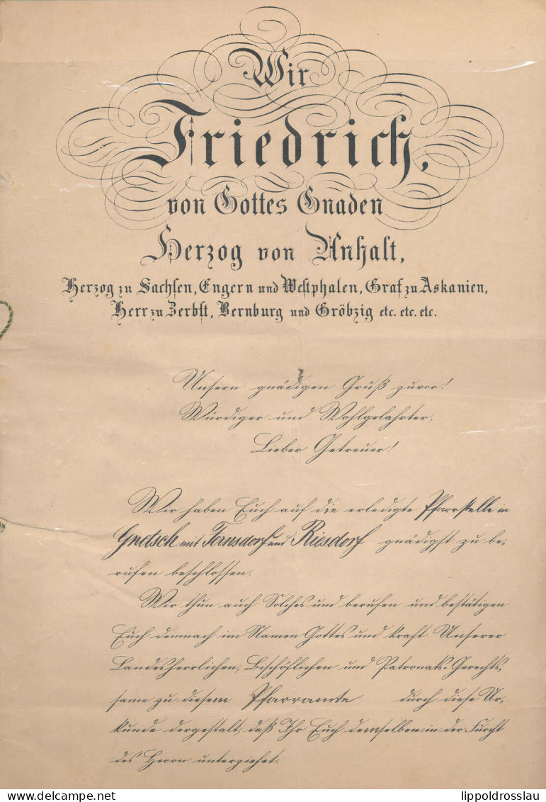 Bestallungsurkunde Für Pfarrer Bracht In Wörlitz Für Gnetsch, Orig. Autograph Friedrich Herzog Von Anhalt, Dessau 11.5.1 - Unclassified