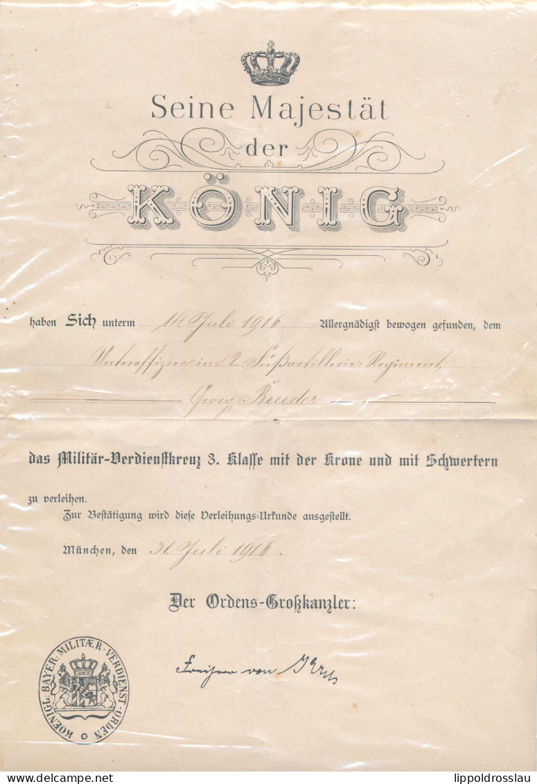 Verleihungsurkunde Militärverdienstkreuz 3. Klasse Mit Krone Und Schwertern, Bayern 1916 - Ohne Zuordnung