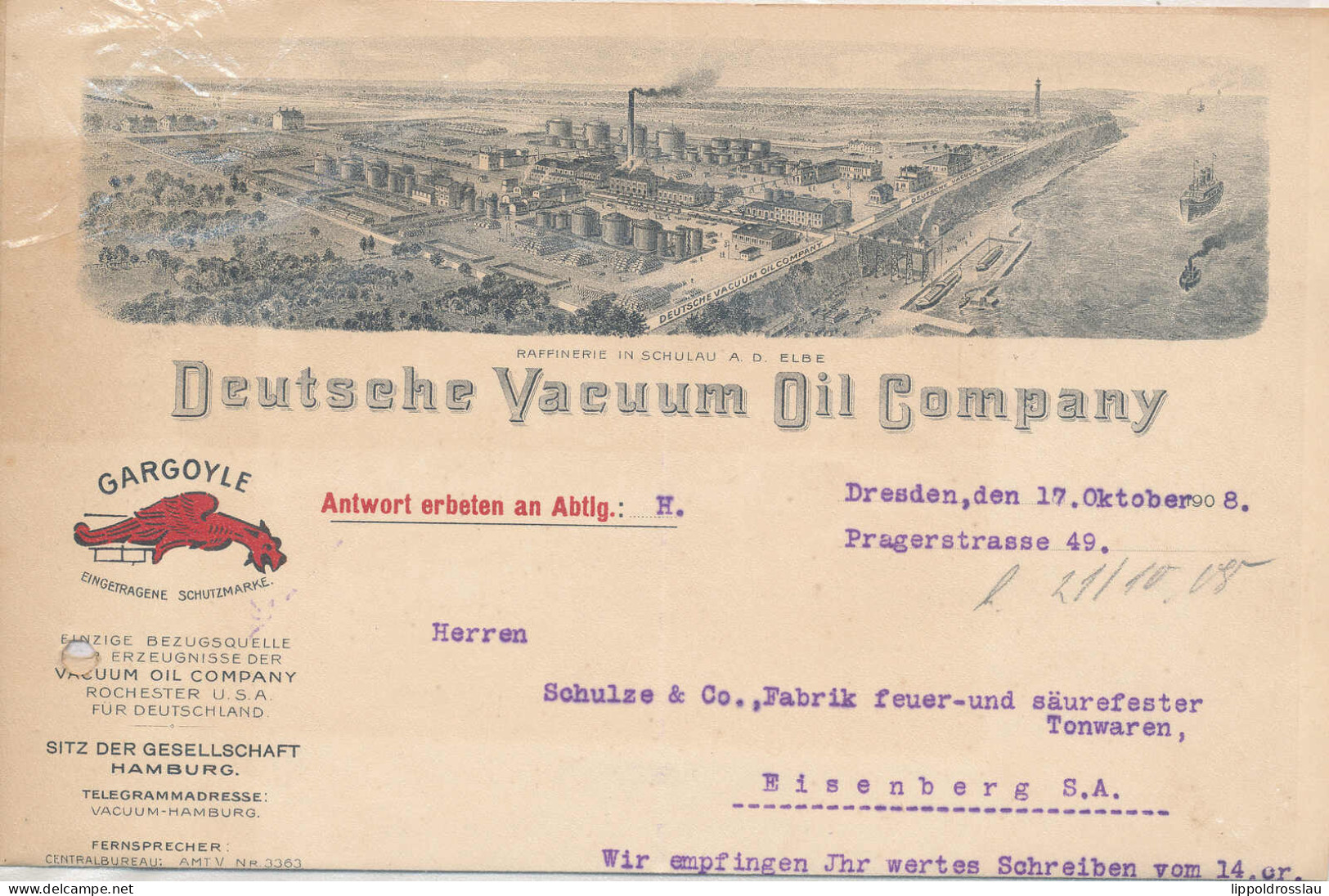 Dekorativer Briefkopf Deutsche Vacuum-Oil Company Dresden 1908 - Non Classés