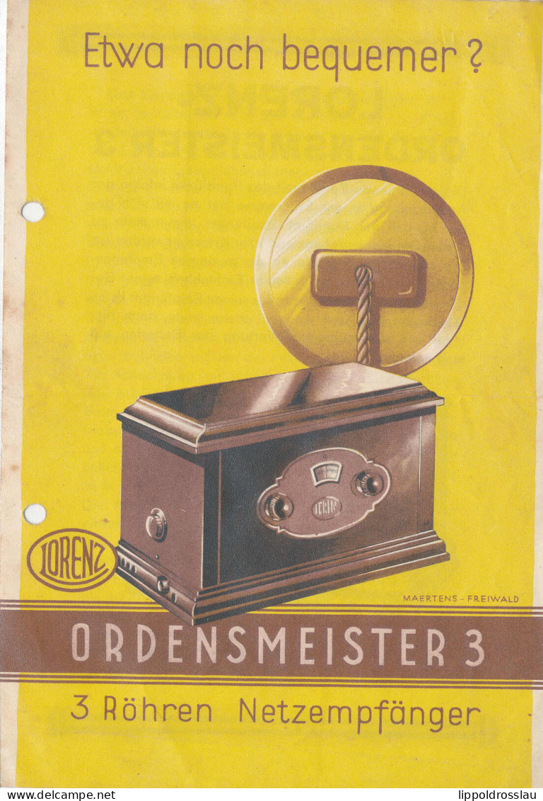 Lorenz Ordensmeister 3 Röhren-Netzempfänger, Produktblatt 4 Seiten - Unclassified