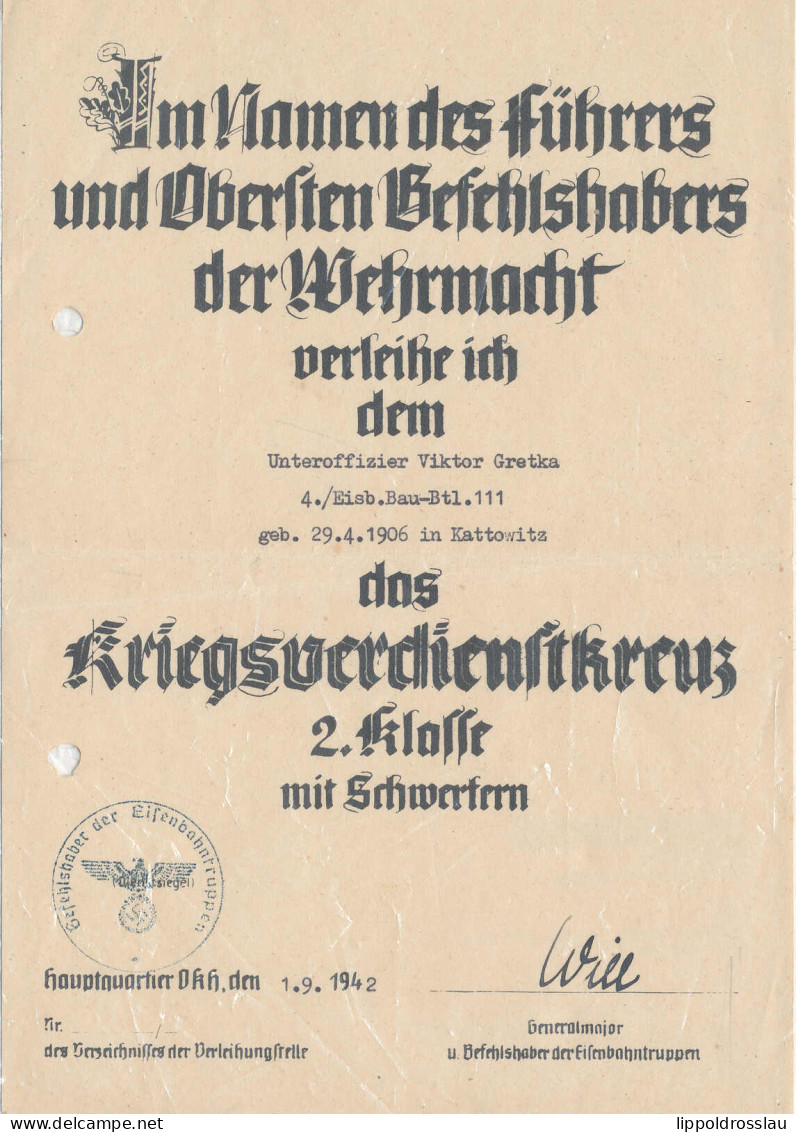 Verleihungsurkunde KVK 2. Klasse Mit Schwertern 1942, Seltener Vordruck! - Ohne Zuordnung