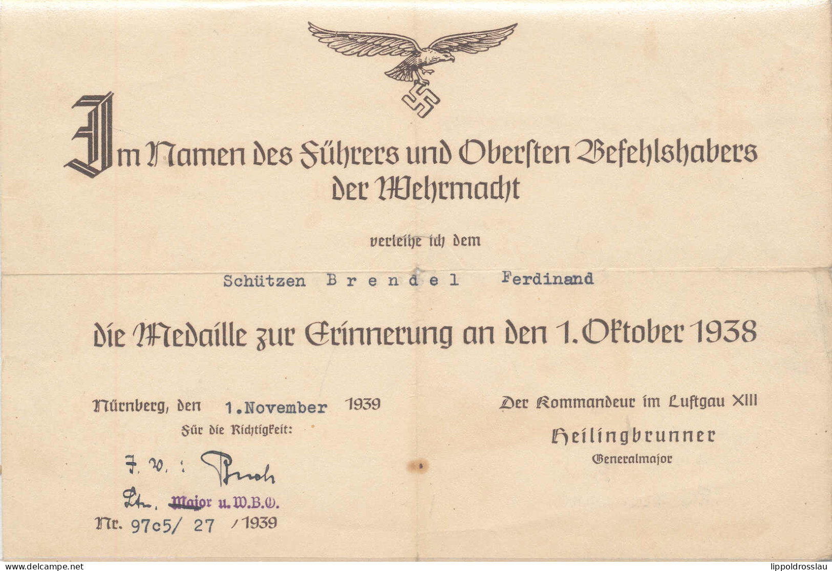 Verleihungsurkunde Medaille Zur Erinnerung An Den 1. Oktober 1938, 4-fach Gefaltet - Non Classés