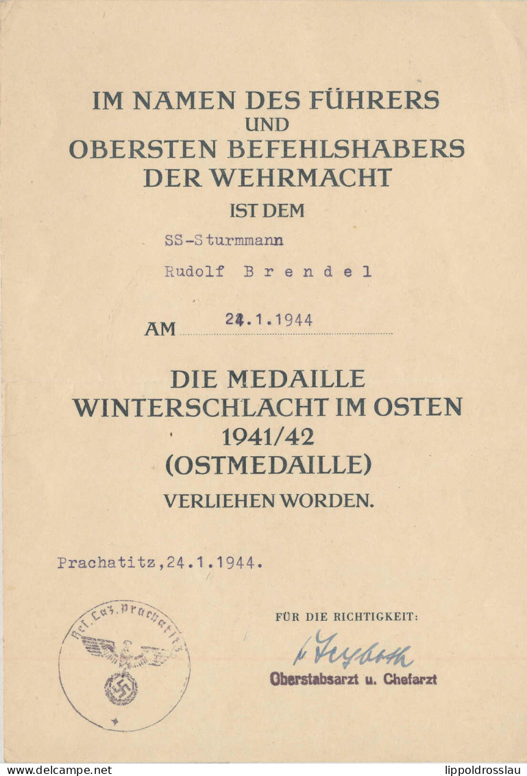 Verleihungsurkunde MedailleWinterschlacht Im Osten 1944 - Unclassified