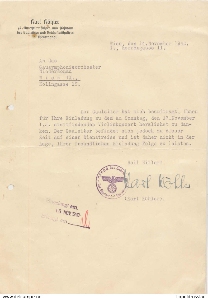 Wien SS-Untersturmführer Und Adjudant Des Gauleiters Niederdonau Karl Köhler, Absage Einer Einladung, Orig. Unterschrift - Non Classés