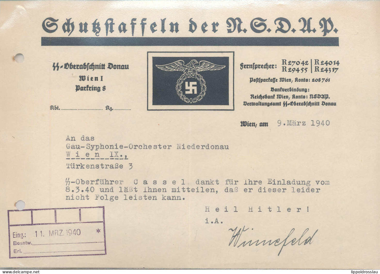 Wien SS-Oberabschnitt Donau Absage Einer Konzerteinladung 1940 - Zonder Classificatie