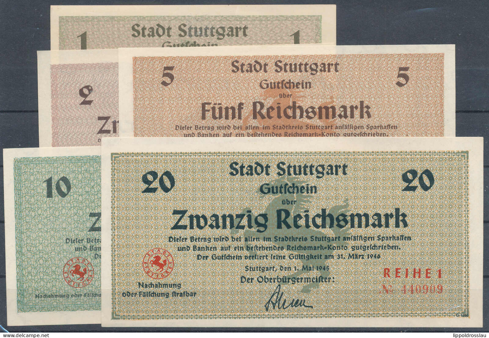 Stuttgart 5 Stck. Übergangsnotgeld 1-20 Reichsmark 1. Mai 1945 - Autres & Non Classés