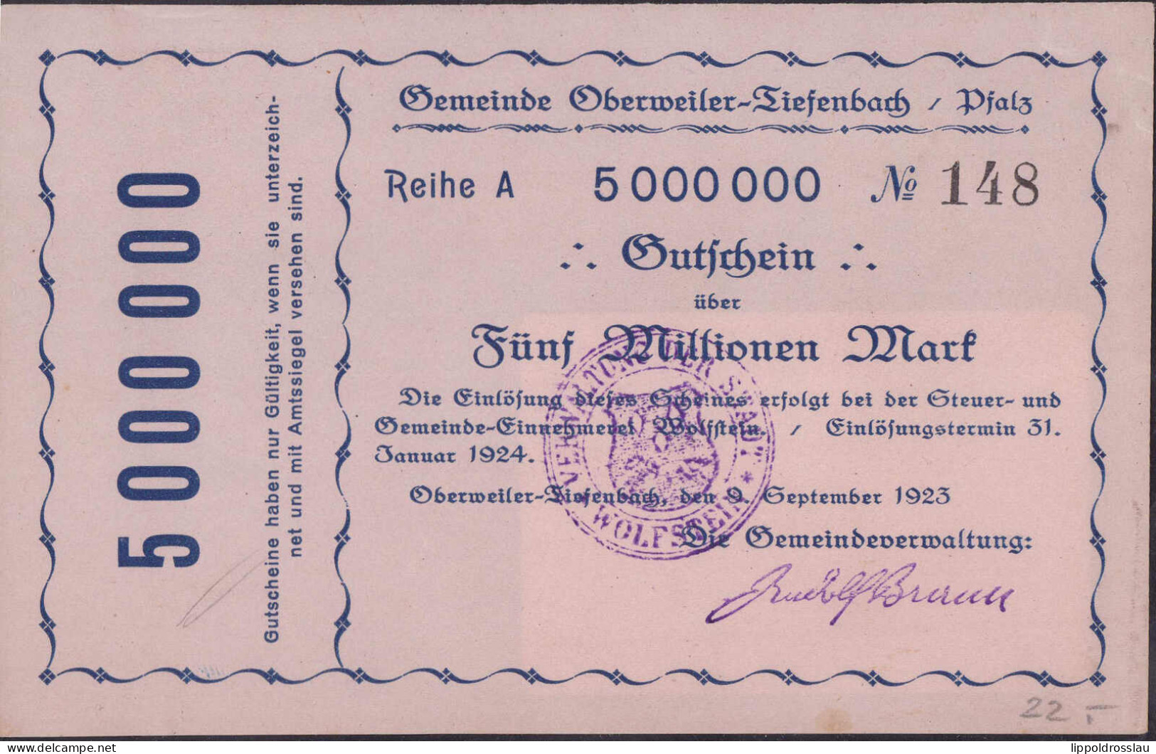 Oberweiler-Tiefenbach 5 Mio. Mark Keller 4072 B Erh. I - Andere & Zonder Classificatie